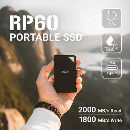 PNY RP60 1TB USB 3.2 Gen 2x2 Type-C Portable SSD Read 2,000 MB/s  Write 1,800 MB/s  3m Drop Resistant  IP65 rated 3-Year Limited Warranty (AMZ)