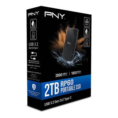 PNY RP60 1TB USB 3.2 Gen 2x2 Type-C Portable SSD Read 2,000 MB/s  Write 1,800 MB/s  3m Drop Resistant  IP65 rated 3-Year Limited Warranty (AMZ)
