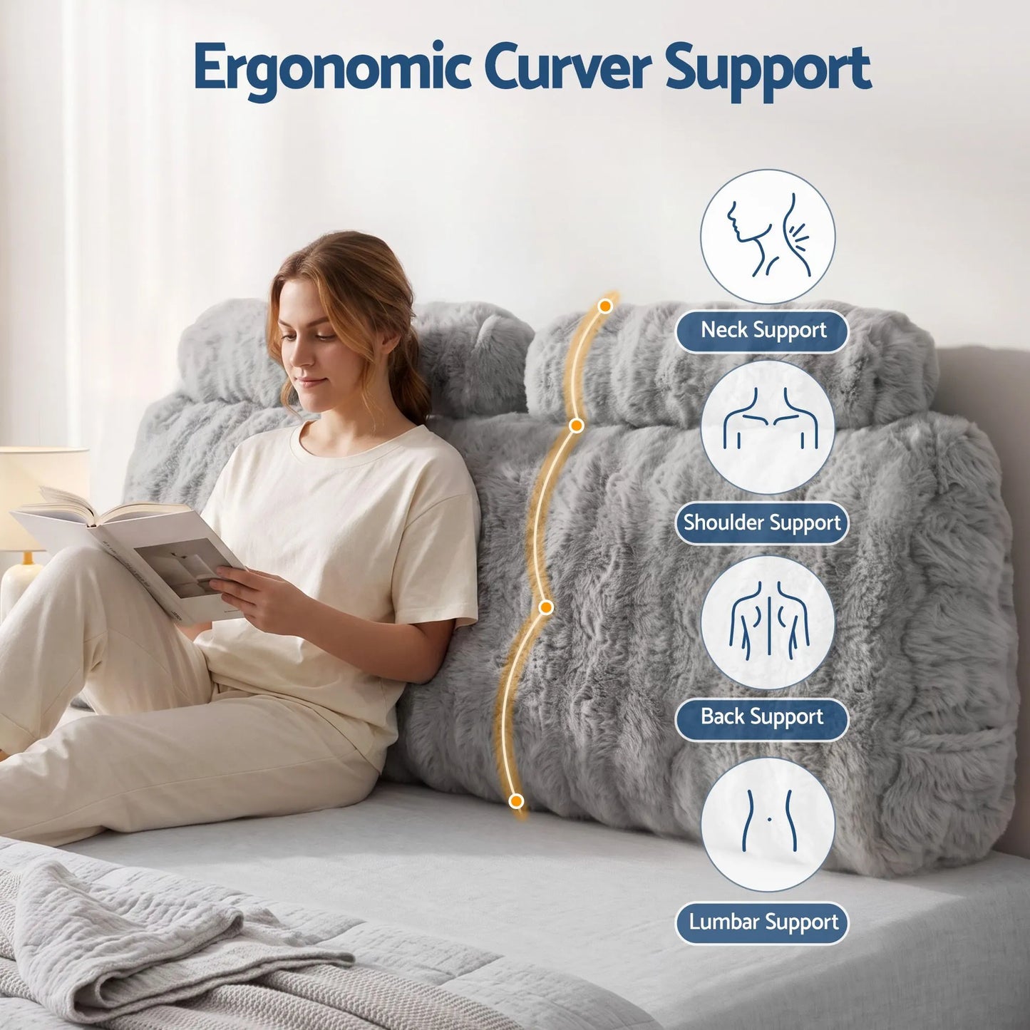 Giselle Wedge Pillow Headboard, Easy Wash Zipper Cover & Anti-Flat Foam, Couch Lumbar Support for Dorm Readers, 340g Faux Rabbit Fur with Dual Pockets, Double - Image 3