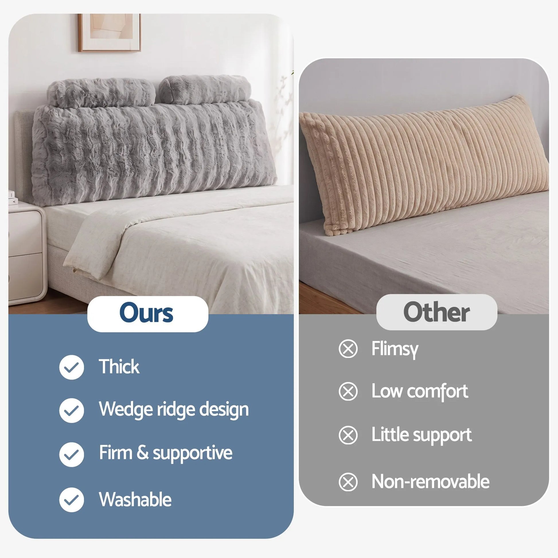 Giselle Wedge Pillow Headboard, Easy Wash Zipper Cover & Anti-Flat Foam, Couch Lumbar Support for Dorm Readers, 340g Faux Rabbit Fur with Dual Pockets, Double - Image 6