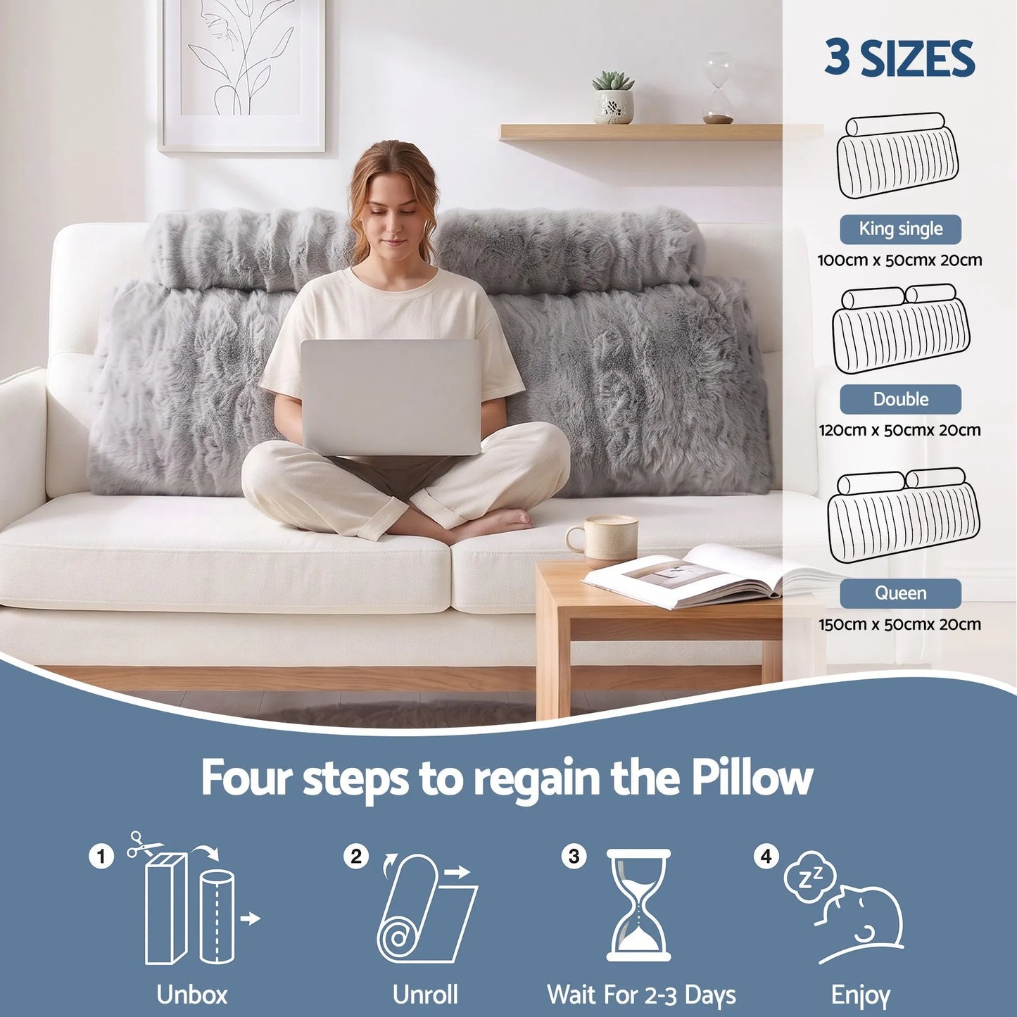 Giselle Wedge Pillow Headboard, Easy Wash Zipper Cover & Anti-Flat Foam, Couch Lumbar Support for Dorm Readers, 340g Faux Rabbit Fur with Dual Pockets, Double - Image 7