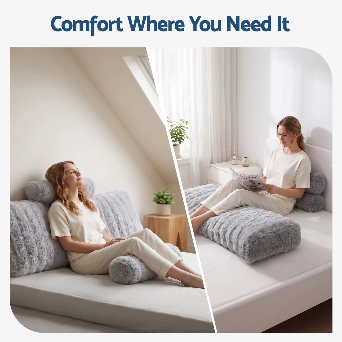 Giselle Wedge Pillow Headboard, Easy Wash Zipper Cover & Anti-Flat Foam, Couch Lumbar Support for Dorm Readers, 340g Faux Rabbit Fur with Dual Pockets, Double - Image 8