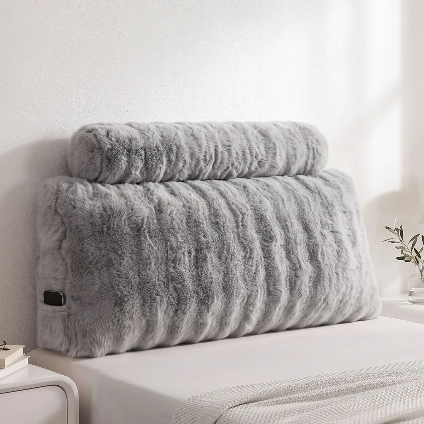 Giselle Wedge Pillow Headboard, Easy Wash Zipper Cover & Anti-Flat Foam, Couch Lumbar Support for Dorm Readers, 340g Faux Rabbit Fur with Dual Pockets, King Single
