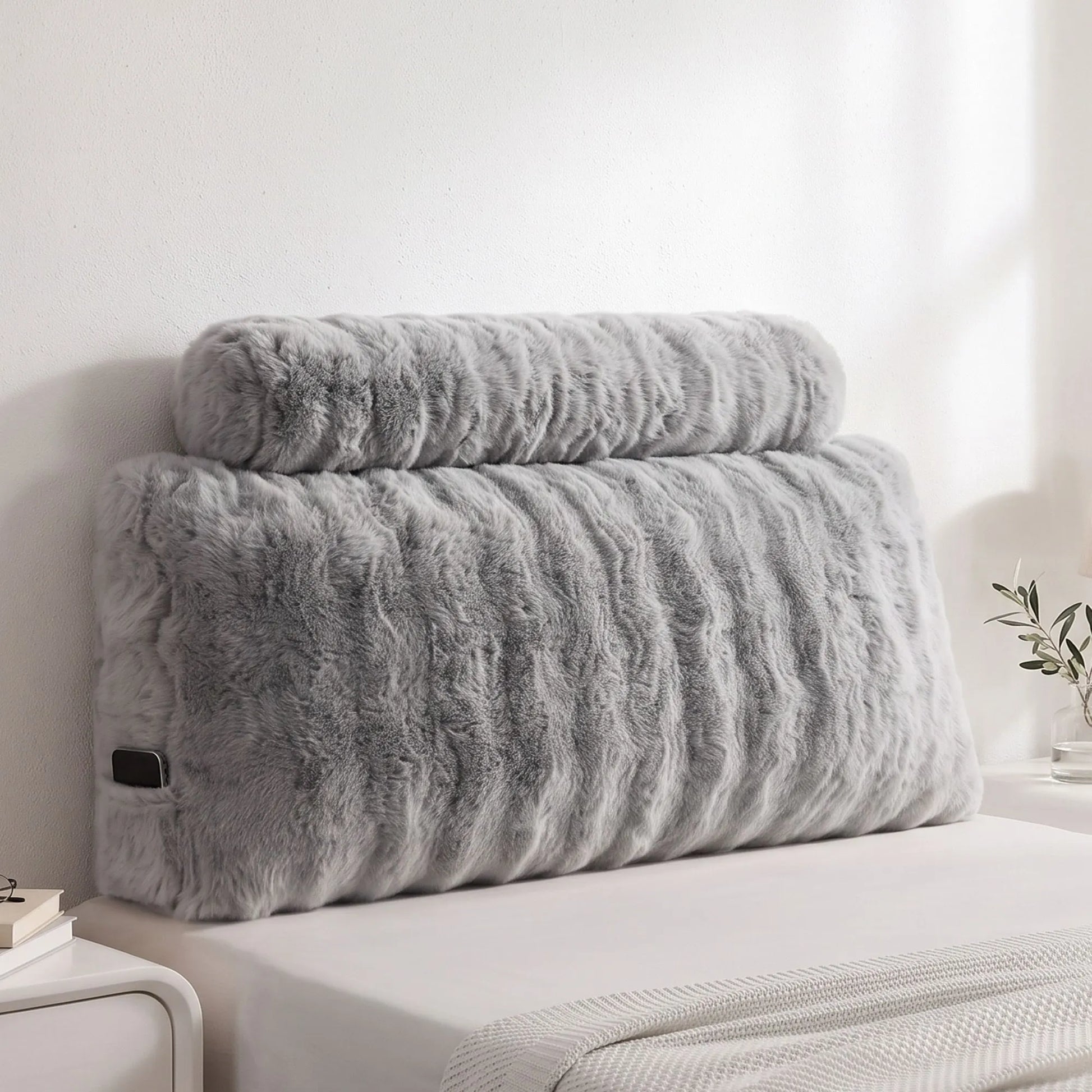 Giselle Wedge Pillow Headboard, Easy Wash Zipper Cover & Anti-Flat Foam, Couch Lumbar Support for Dorm Readers, 340g Faux Rabbit Fur with Dual Pockets, King Single