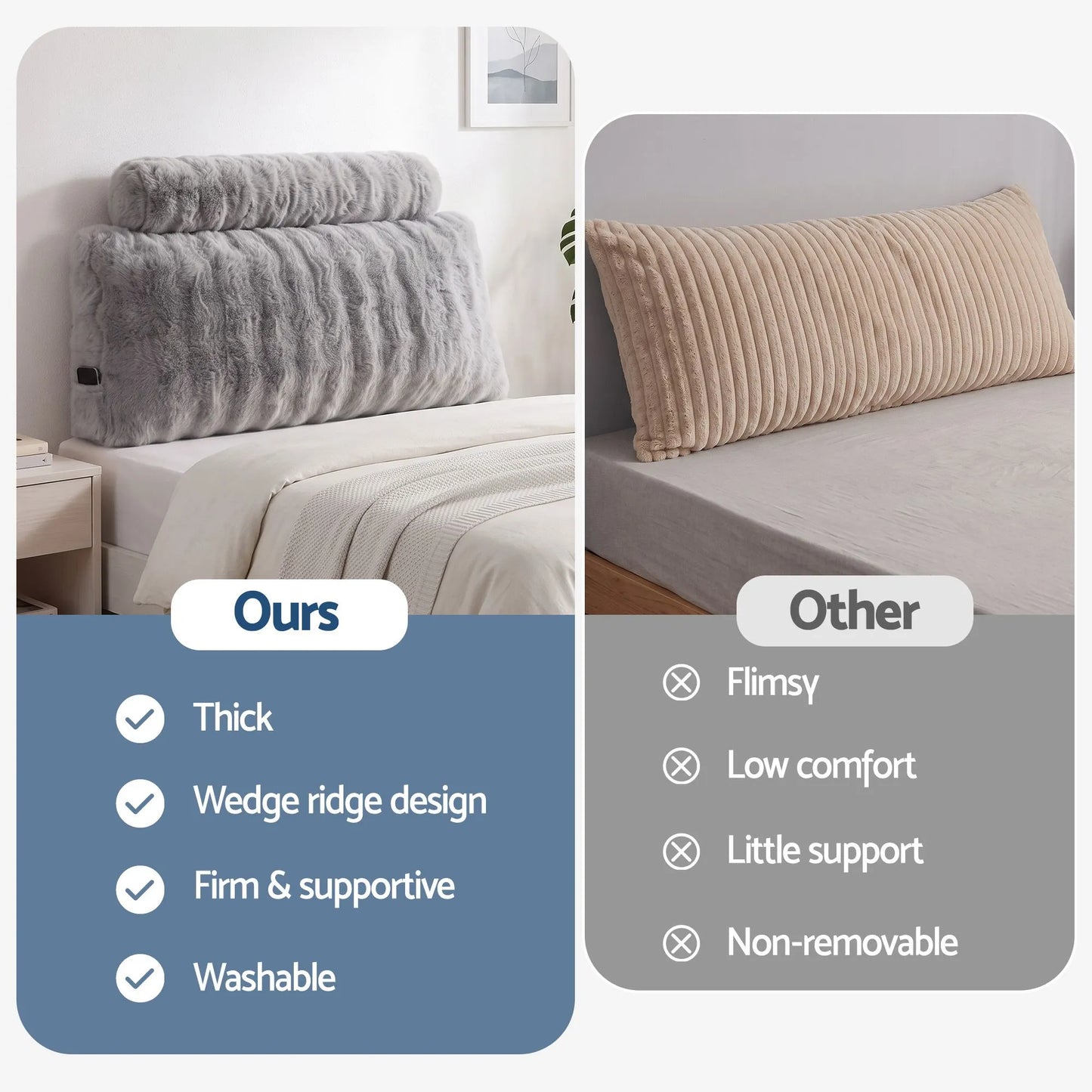 Giselle Wedge Pillow Headboard, Easy Wash Zipper Cover & Anti-Flat Foam, Couch Lumbar Support for Dorm Readers, 340g Faux Rabbit Fur with Dual Pockets, King Single - Image 6