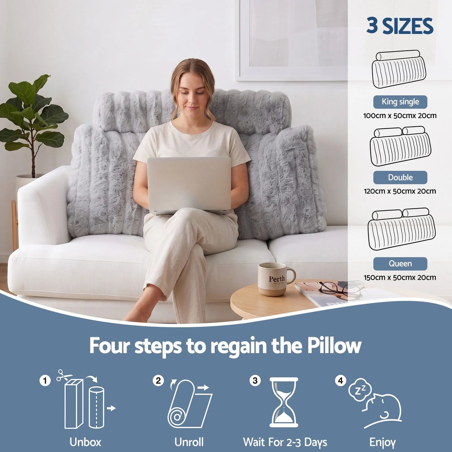 Giselle Wedge Pillow Headboard, Easy Wash Zipper Cover & Anti-Flat Foam, Couch Lumbar Support for Dorm Readers, 340g Faux Rabbit Fur with Dual Pockets, King Single - Image 7
