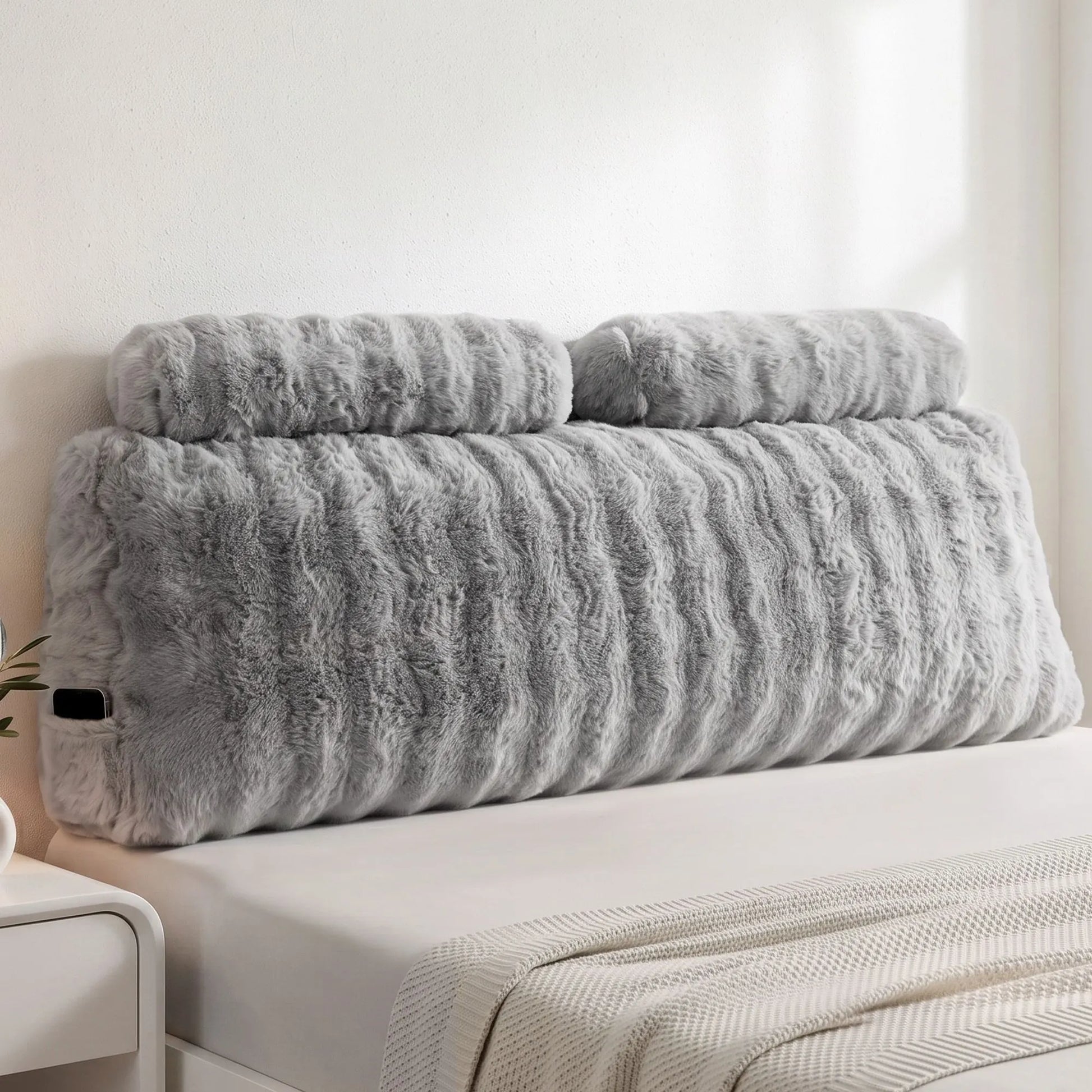 Giselle Wedge Pillow Headboard, Easy Wash Zipper Cover & Anti-Flat Foam, Couch Lumbar Support for Dorm Readers, 340g Faux Rabbit Fur with Dual Pockets, Queen