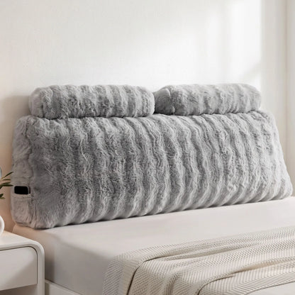 Giselle Wedge Pillow Headboard, Easy Wash Zipper Cover & Anti-Flat Foam, Couch Lumbar Support for Dorm Readers, 340g Faux Rabbit Fur with Dual Pockets, Queen