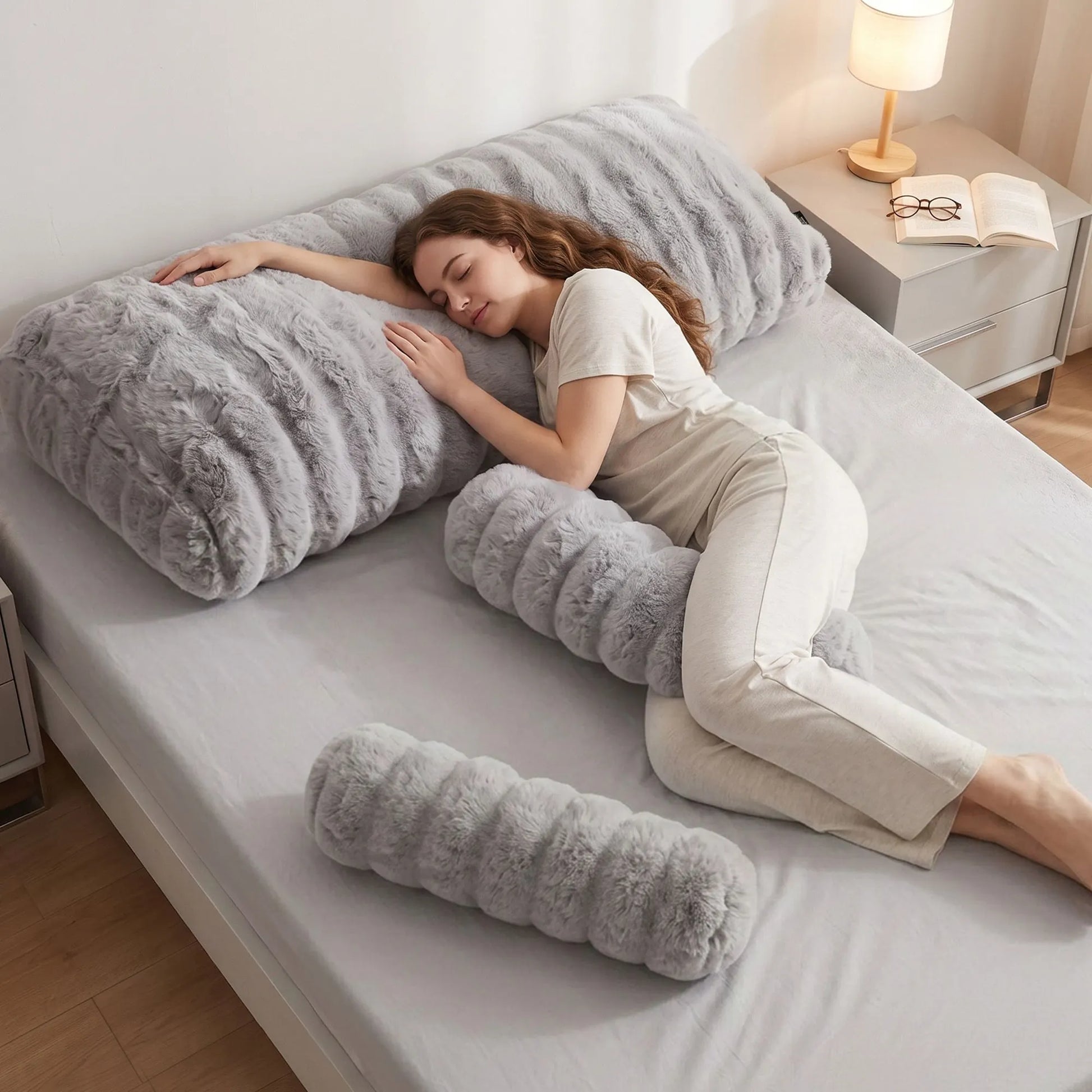 Giselle Wedge Pillow Headboard, Easy Wash Zipper Cover & Anti-Flat Foam, Couch Lumbar Support for Dorm Readers, 340g Faux Rabbit Fur with Dual Pockets, Queen - Image 9