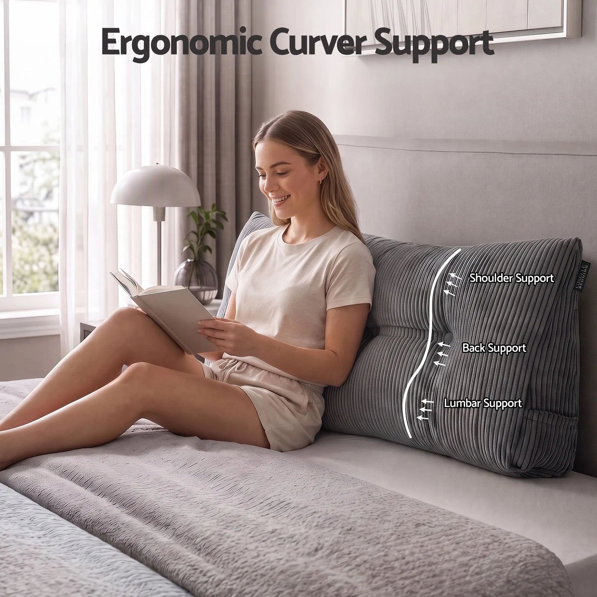 Giselle Headboard Pillow for Sitting in Bed, Upgraded Shredded Foam Reading Wedge Cushion for Lumbar Support, 320g Corduroy Backrest with Side Pockets for Dorm Daybed, Double - Image 3