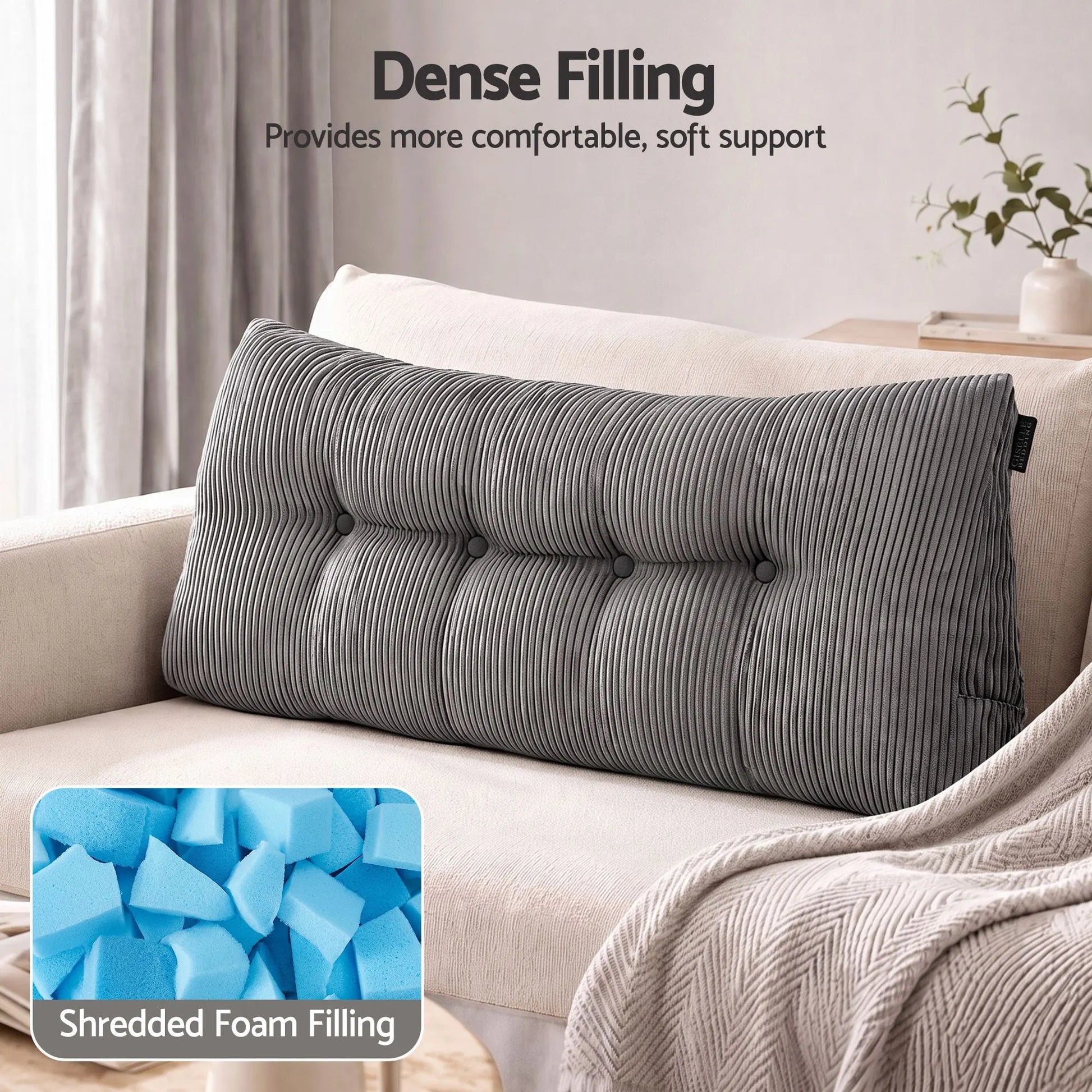Giselle Headboard Pillow for Sitting in Bed, Upgraded Shredded Foam Reading Wedge Cushion for Lumbar Support, 320g Corduroy Backrest with Side Pockets for Dorm Daybed, Double - Image 4
