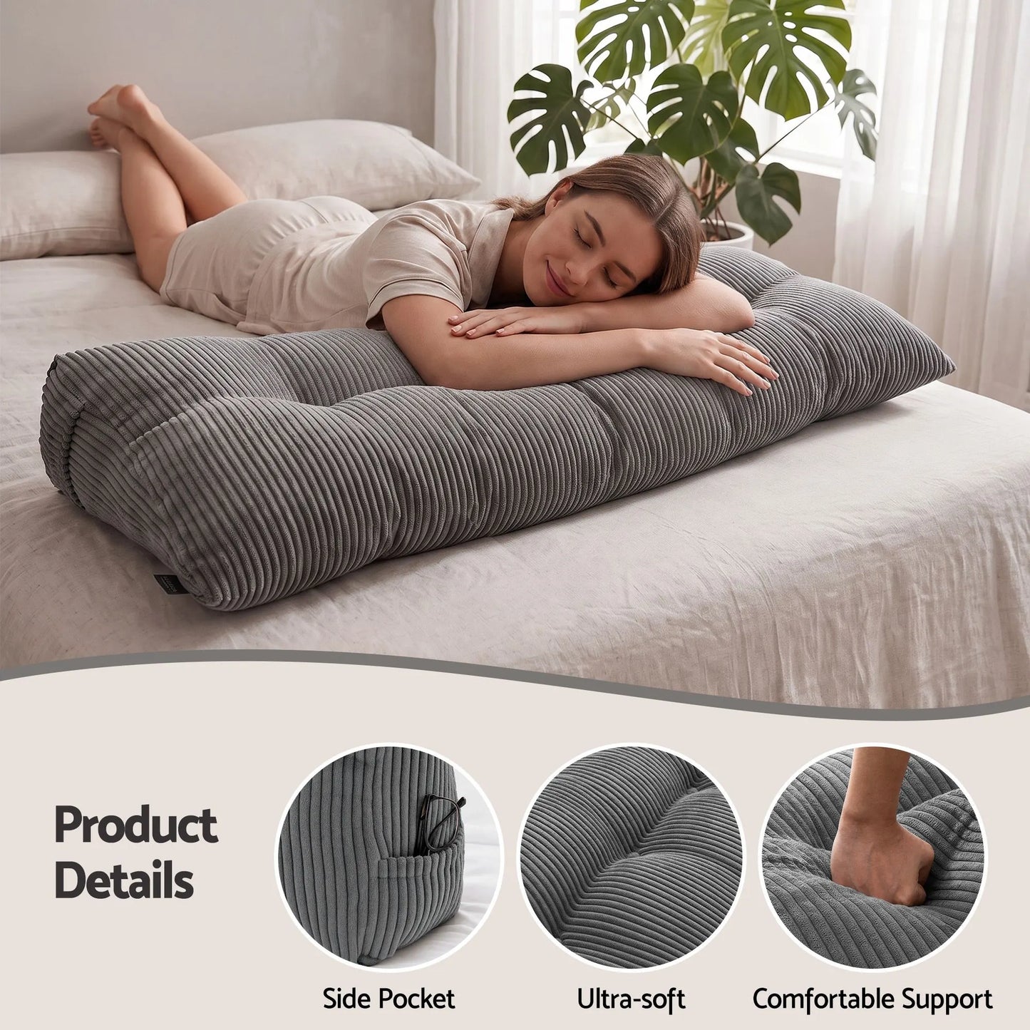 Giselle Headboard Pillow for Sitting in Bed, Upgraded Shredded Foam Reading Wedge Cushion for Lumbar Support, 320g Corduroy Backrest with Side Pockets for Dorm Daybed, Double - Image 5