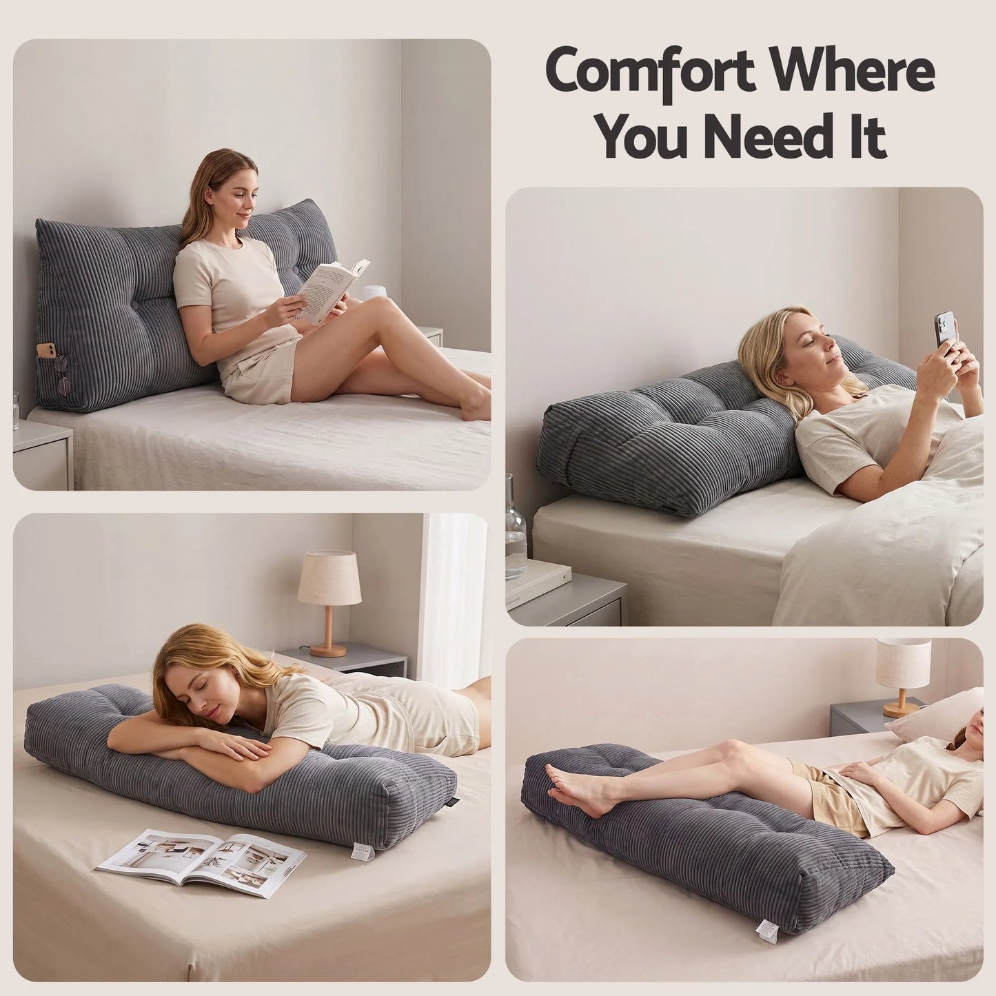 Giselle Headboard Pillow for Sitting in Bed, Upgraded Shredded Foam Reading Wedge Cushion for Lumbar Support, 320g Corduroy Backrest with Side Pockets for Dorm Daybed, Double - Image 7