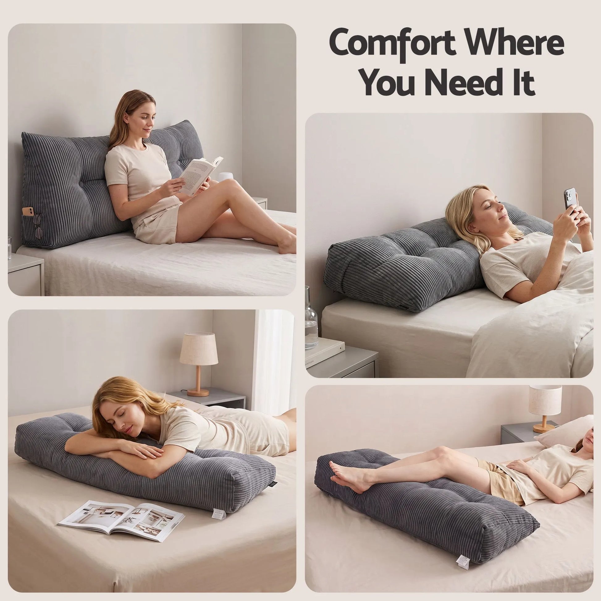 Giselle Headboard Pillow for Sitting in Bed, Upgraded Shredded Foam Reading Wedge Cushion for Lumbar Support, 320g Corduroy Backrest with Side Pockets for Dorm Daybed, Double - Image 7