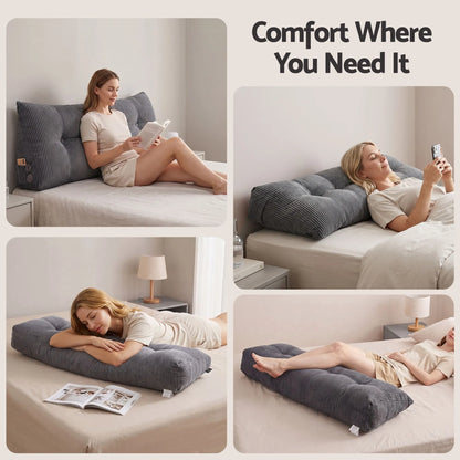 Giselle Headboard Pillow for Sitting in Bed, Upgraded Shredded Foam Reading Wedge Cushion for Lumbar Support, 320g Corduroy Backrest with Side Pockets for Dorm Daybed, Double - Image 7
