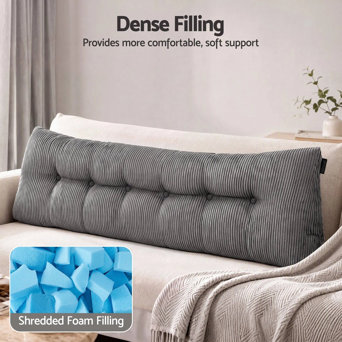 Giselle Headboard Pillow for Sitting in Bed, Upgraded Shredded Foam Reading Wedge Cushion for Lumbar Support, 320g Corduroy Backrest with Side Pockets for Dorm Daybed, King - Image 4
