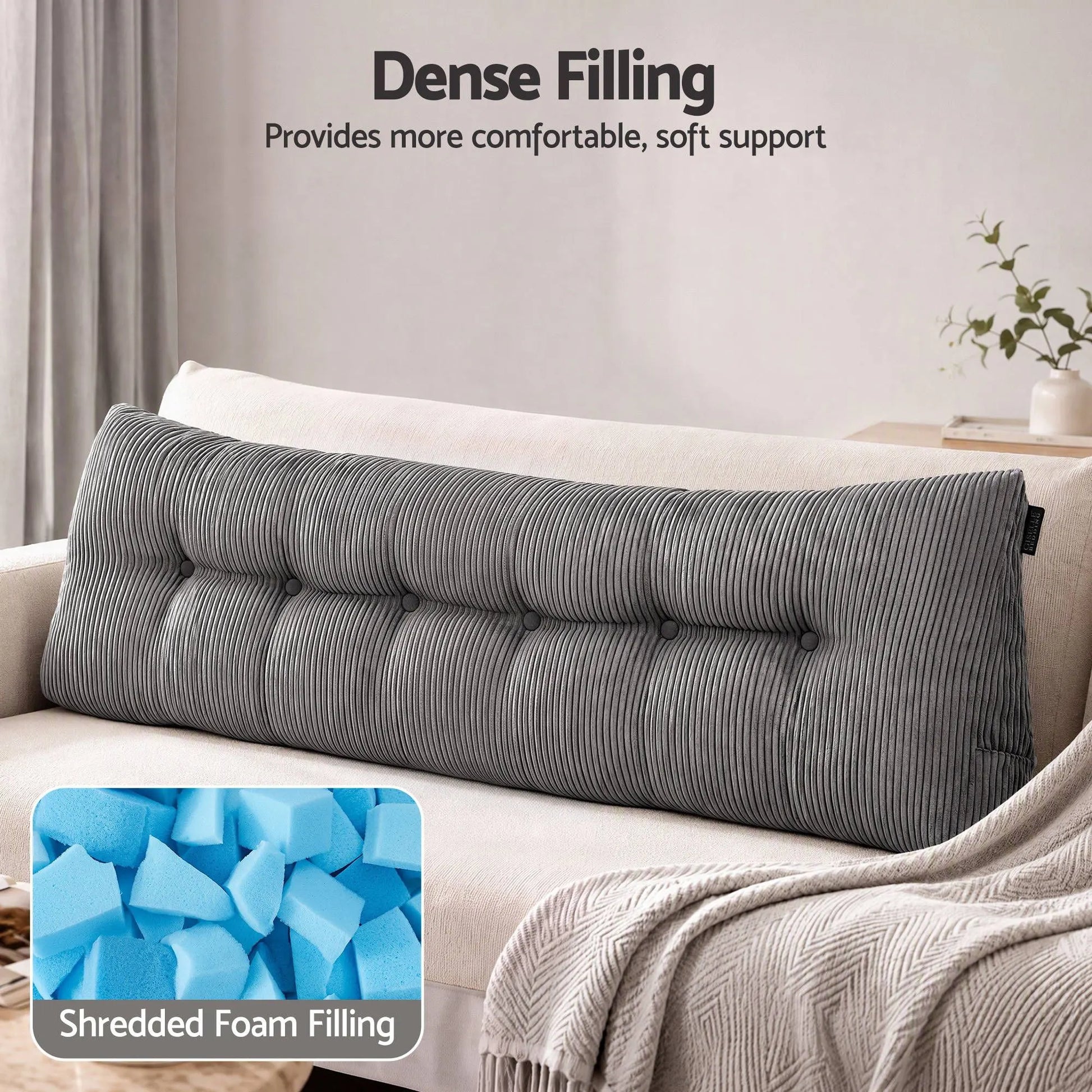 Giselle Headboard Pillow for Sitting in Bed, Upgraded Shredded Foam Reading Wedge Cushion for Lumbar Support, 320g Corduroy Backrest with Side Pockets for Dorm Daybed, King - Image 4