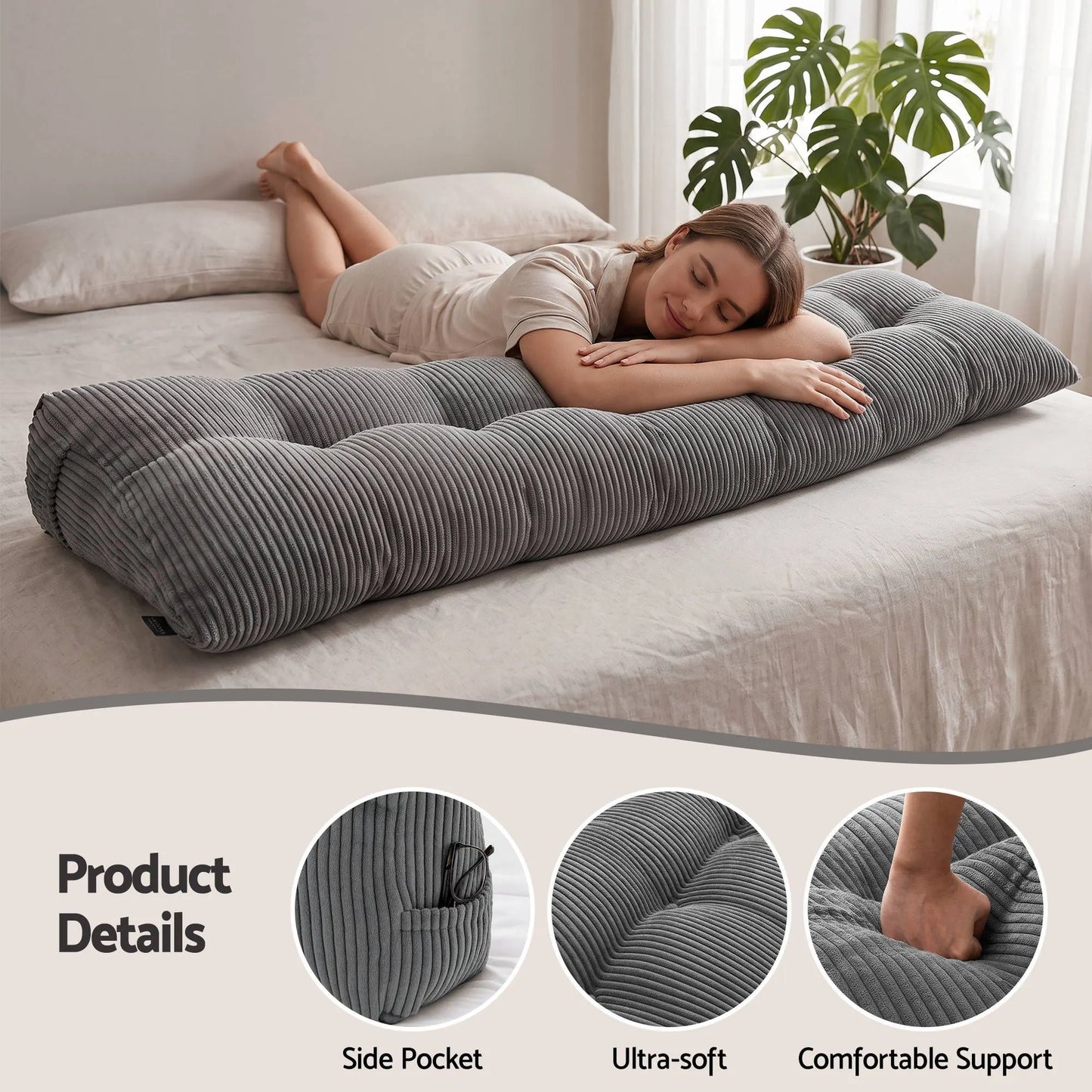 Giselle Headboard Pillow for Sitting in Bed, Upgraded Shredded Foam Reading Wedge Cushion for Lumbar Support, 320g Corduroy Backrest with Side Pockets for Dorm Daybed, King - Image 5