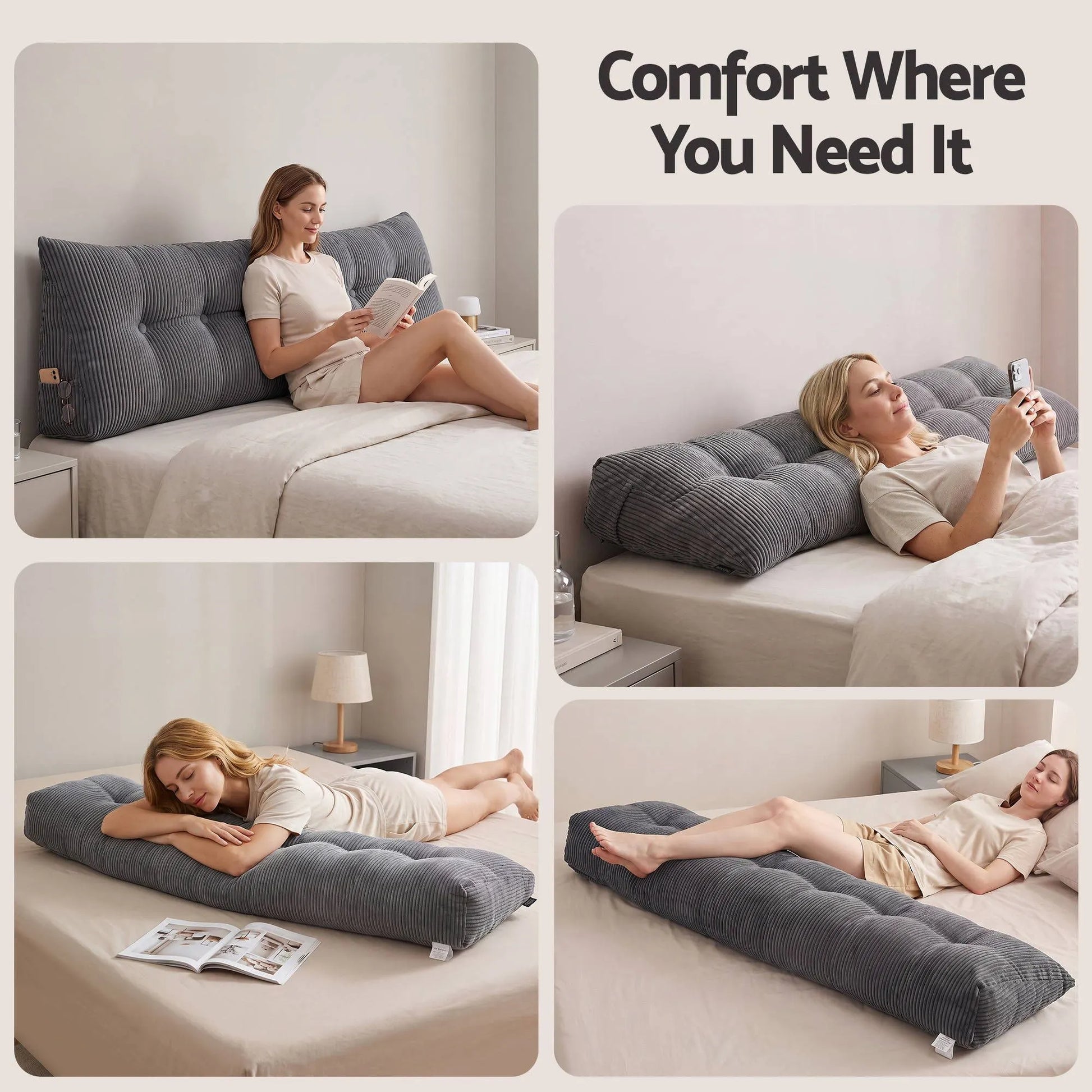 Giselle Headboard Pillow for Sitting in Bed, Upgraded Shredded Foam Reading Wedge Cushion for Lumbar Support, 320g Corduroy Backrest with Side Pockets for Dorm Daybed, King - Image 7