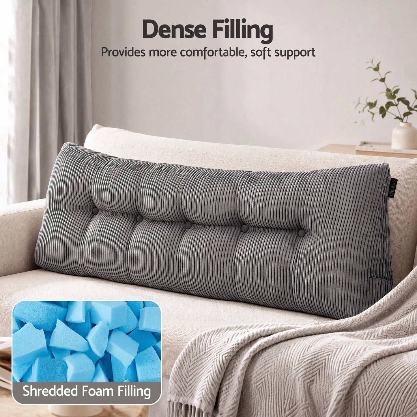 Giselle Headboard Pillow for Sitting in Bed, Upgraded Shredded Foam Reading Wedge Cushion for Lumbar Support, 320g Corduroy Backrest with Side Pockets for Dorm Daybed, Queen - Image 4