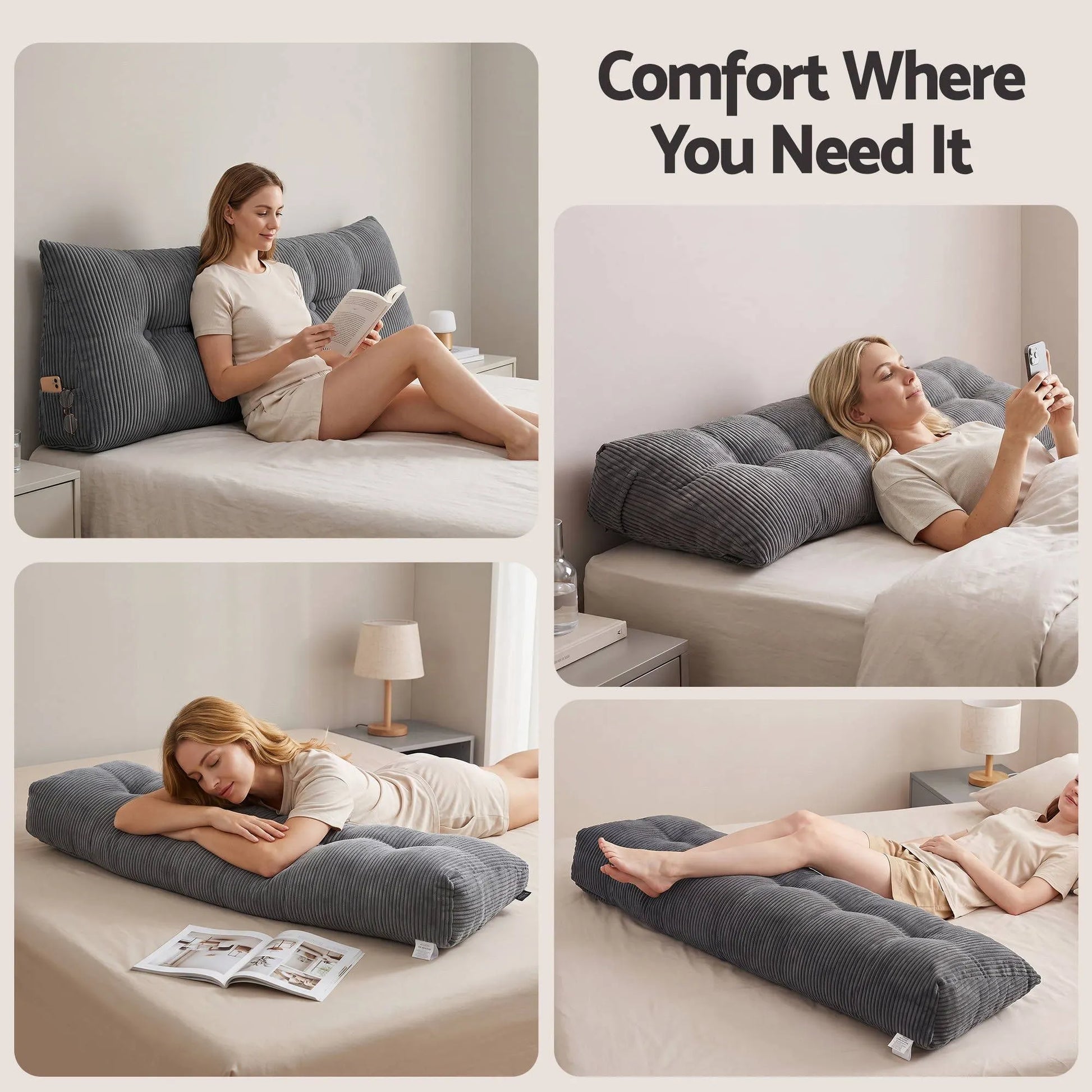 Giselle Headboard Pillow for Sitting in Bed, Upgraded Shredded Foam Reading Wedge Cushion for Lumbar Support, 320g Corduroy Backrest with Side Pockets for Dorm Daybed, Queen - Image 7