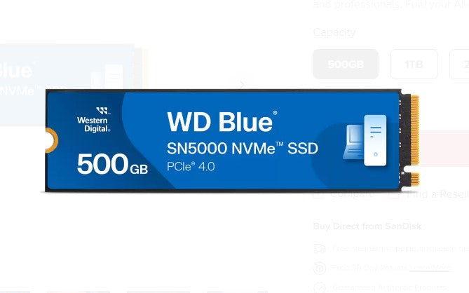 Western Digital WD Blue SN5000 NVMe™ 500GB SSD M.2 2280, 5,000MB/s R 4,000MB/s W, 460K IOPS R / 7...