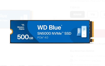 Western Digital WD Blue SN5000 NVMe™ 500GB SSD M.2 2280, 5,000MB/s R 4,000MB/s W, 460K IOPS R / 7...