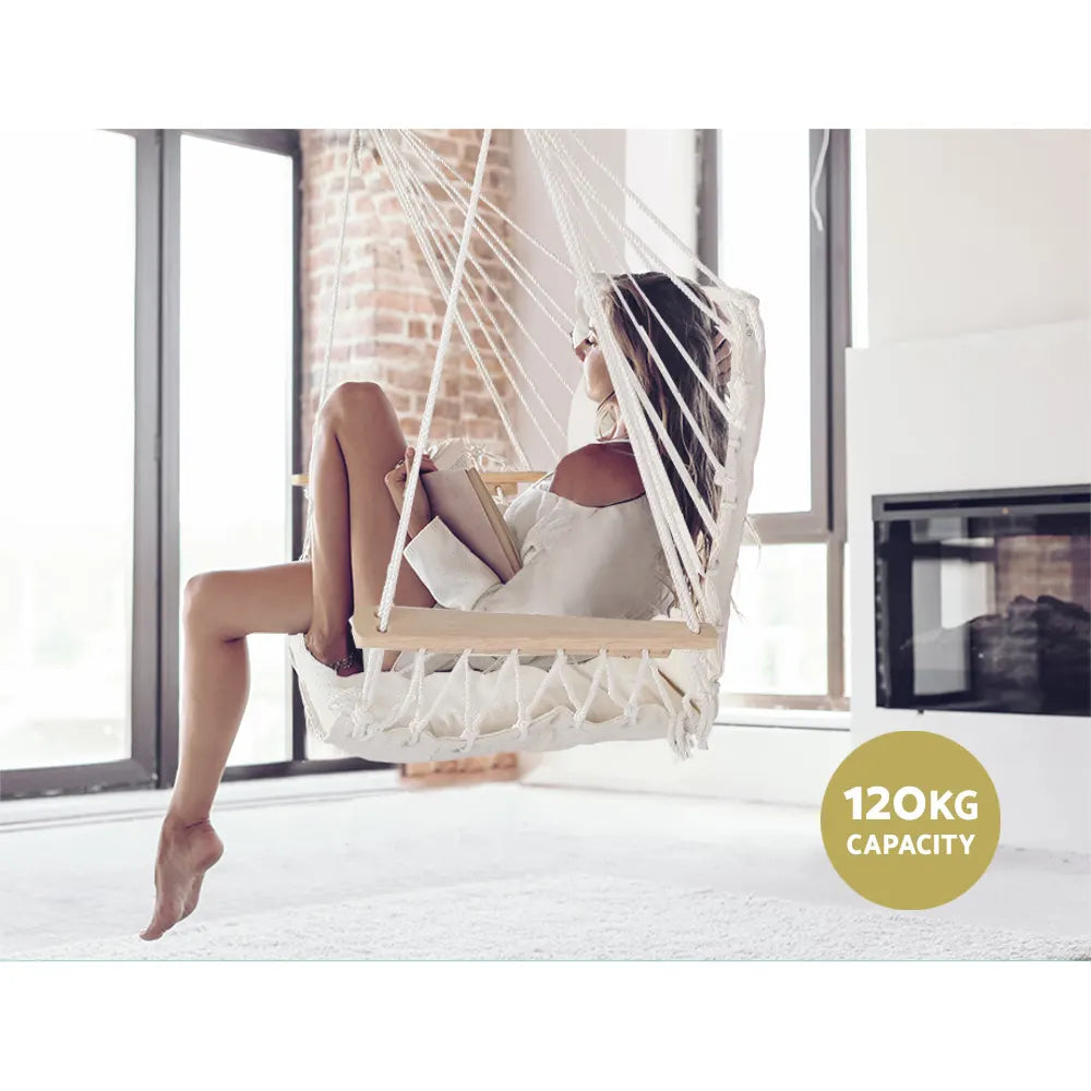 Gardeon Hammock Chair Hanging with Armrest Camping Hammocks Cream - Image 4