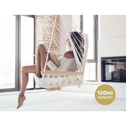 Gardeon Hammock Chair Hanging with Armrest Camping Hammocks Cream - Image 4