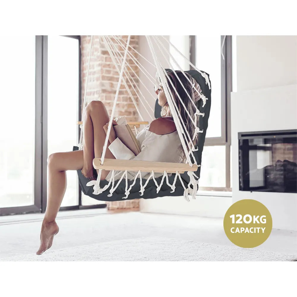 Gardeon Hammock Chair Hanging with Armrest Camping Hammocks Grey - Image 4