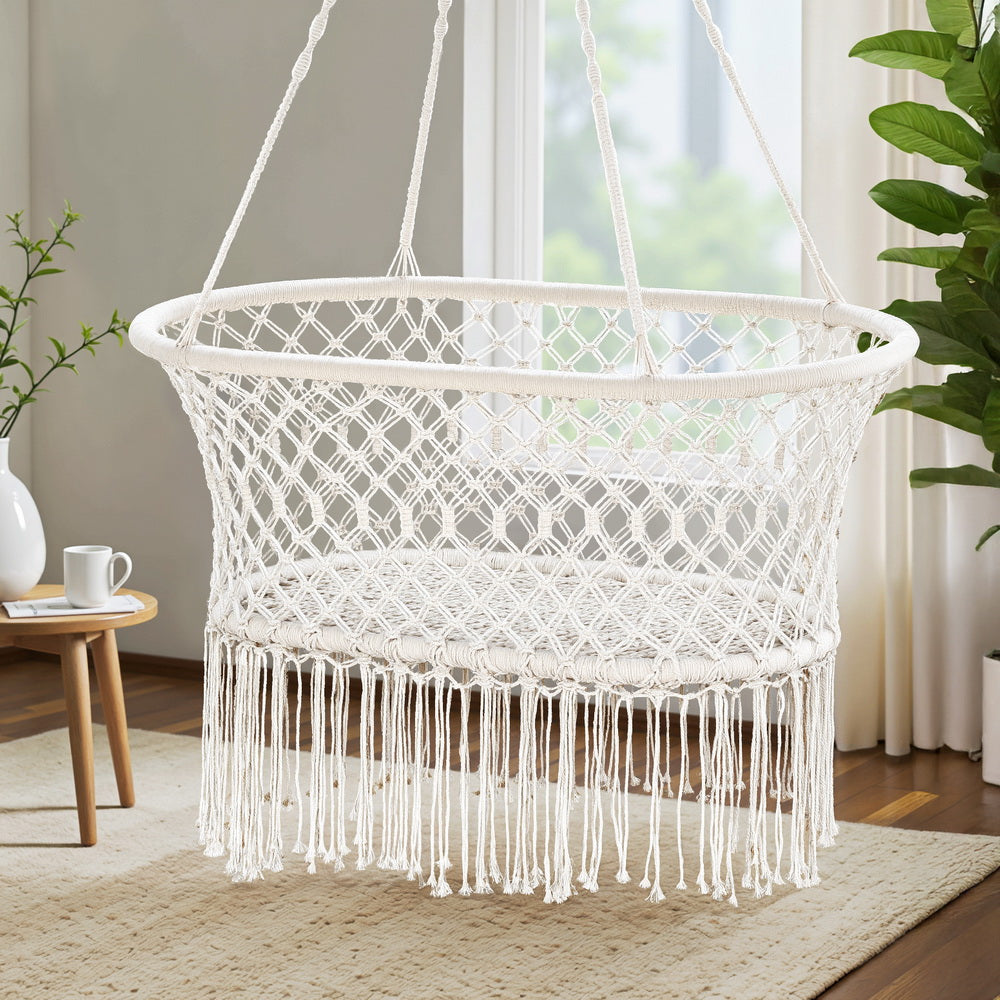 Gardeon Hammock Chair Cotton Swing Chair Outdoor Indoor Cream - Image 7