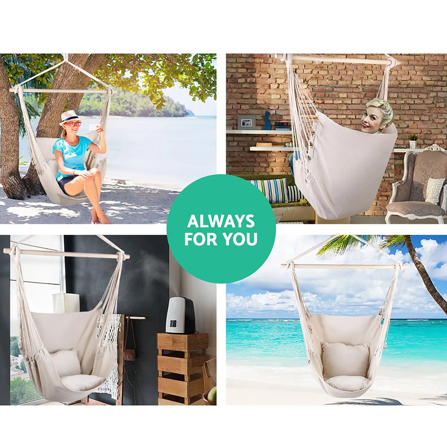 Gardeon Hammock Chair Outdoor Camping Hanging Hammocks Cushion Pillow Cream - Image 4