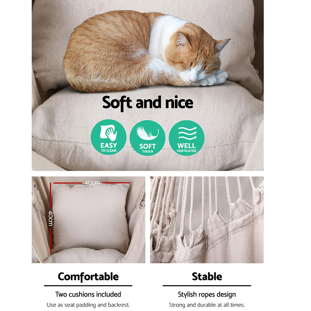 Gardeon Hammock Chair Outdoor Camping Hanging Hammocks Cushion Pillow Cream - Image 5