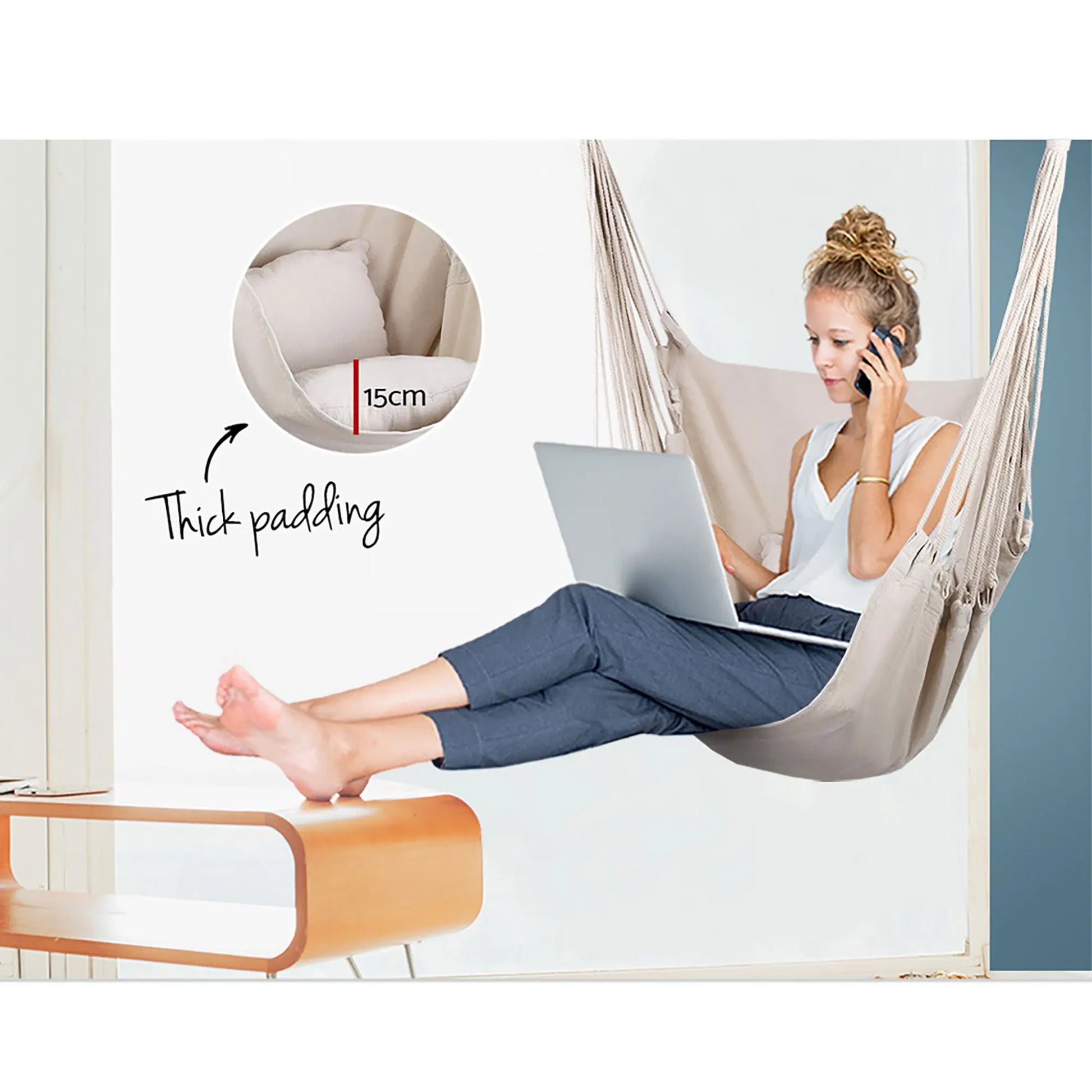 Gardeon Hammock Chair Outdoor Camping Hanging Hammocks Cushion Pillow Cream - Image 6