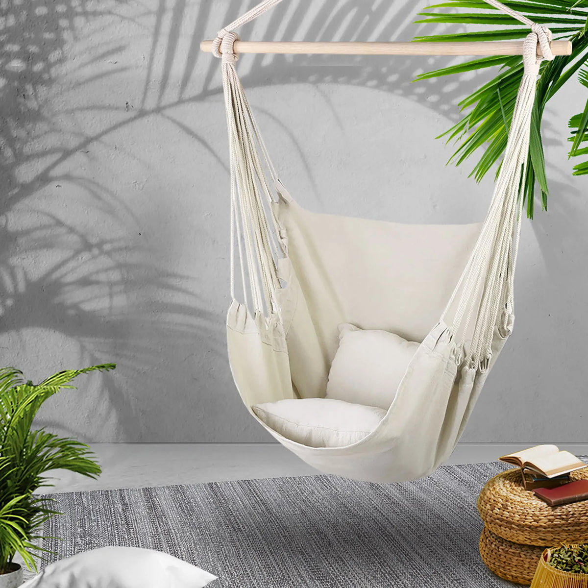 Gardeon Hammock Chair Outdoor Camping Hanging Hammocks Cushion Pillow Cream - Image 8