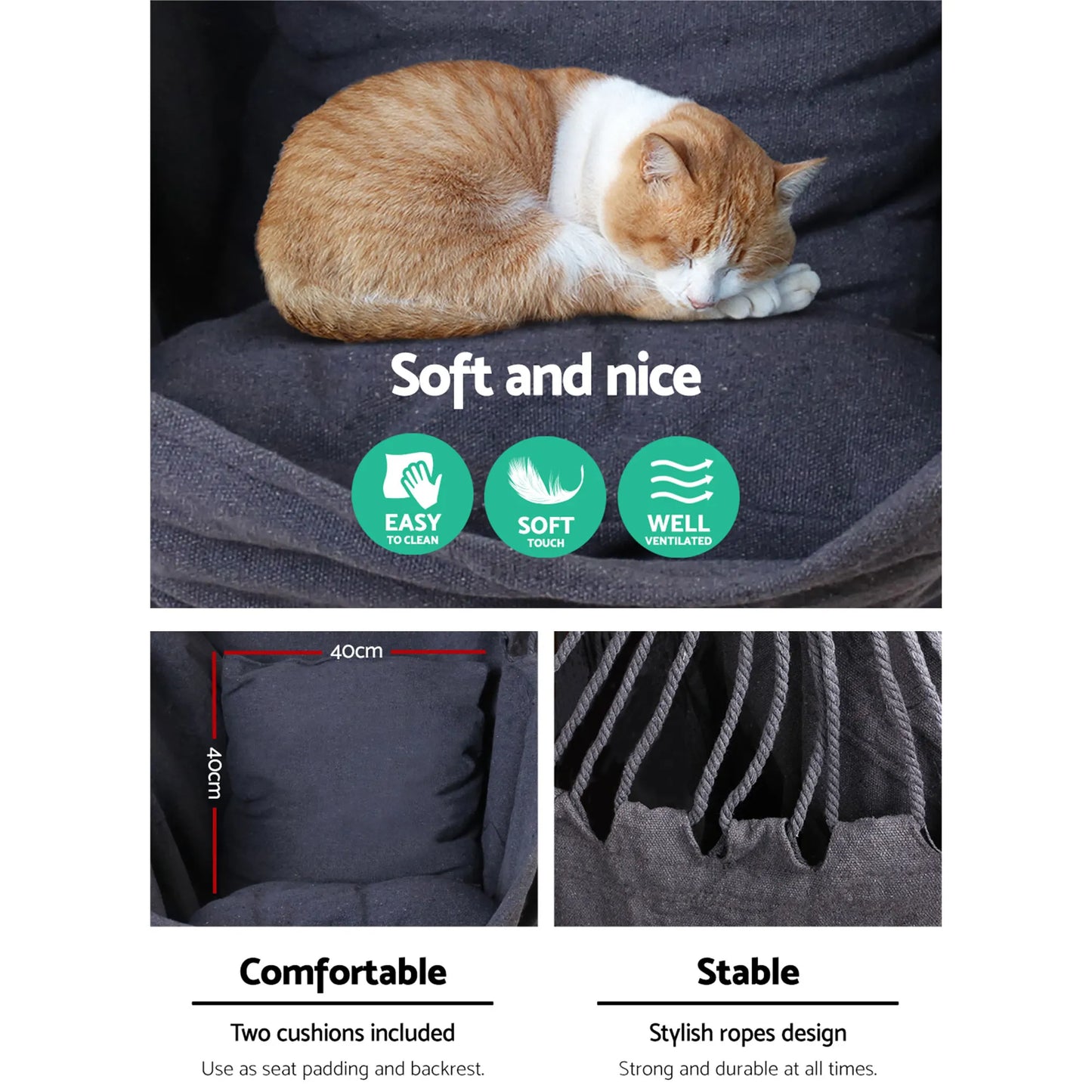 Gardeon Hammock Chair Outdoor Camping Hanging Hammocks Cushion Pillow Grey - Image 5