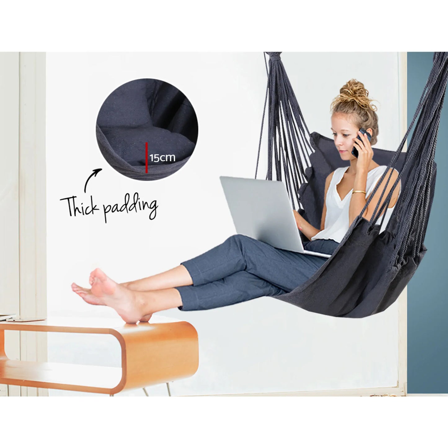 Gardeon Hammock Chair Outdoor Camping Hanging Hammocks Cushion Pillow Grey - Image 6