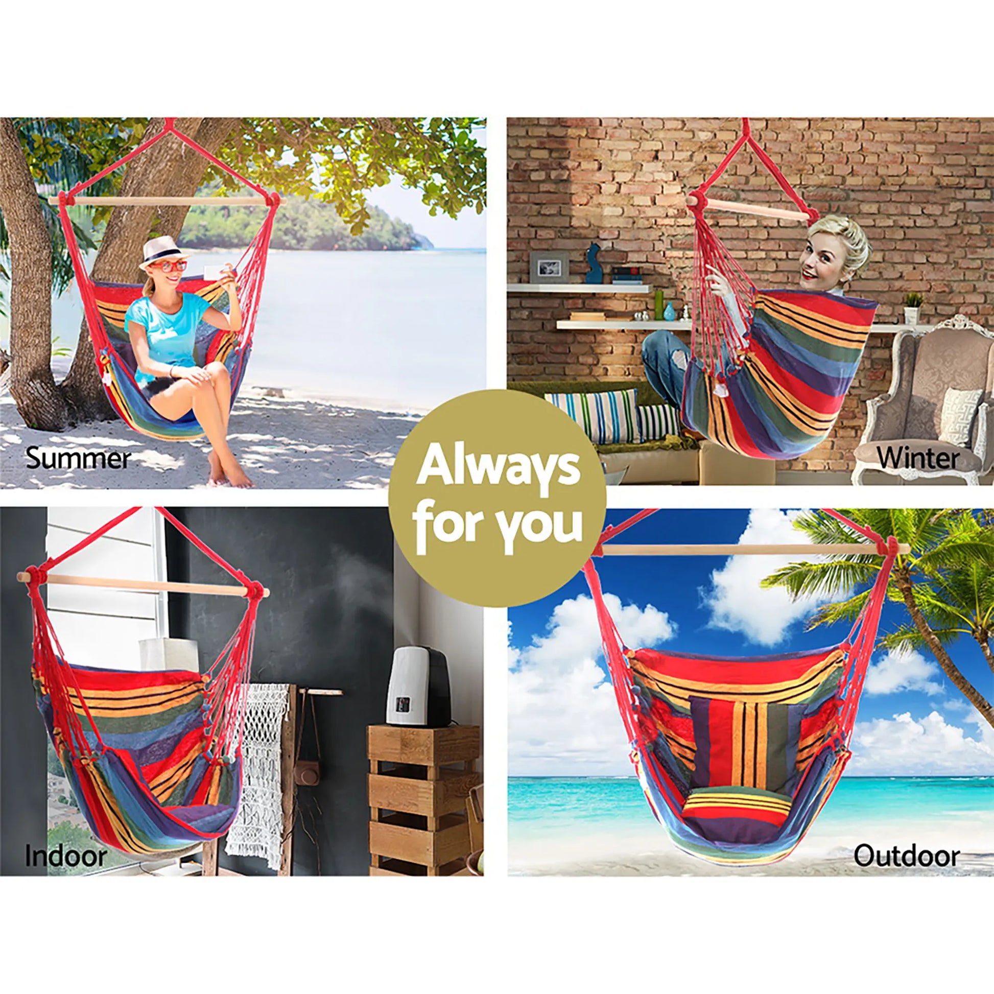 Gardeon Hammock Chair Outdoor Camping Hanging Hammocks Cushion Pillow Rainbow - Image 4