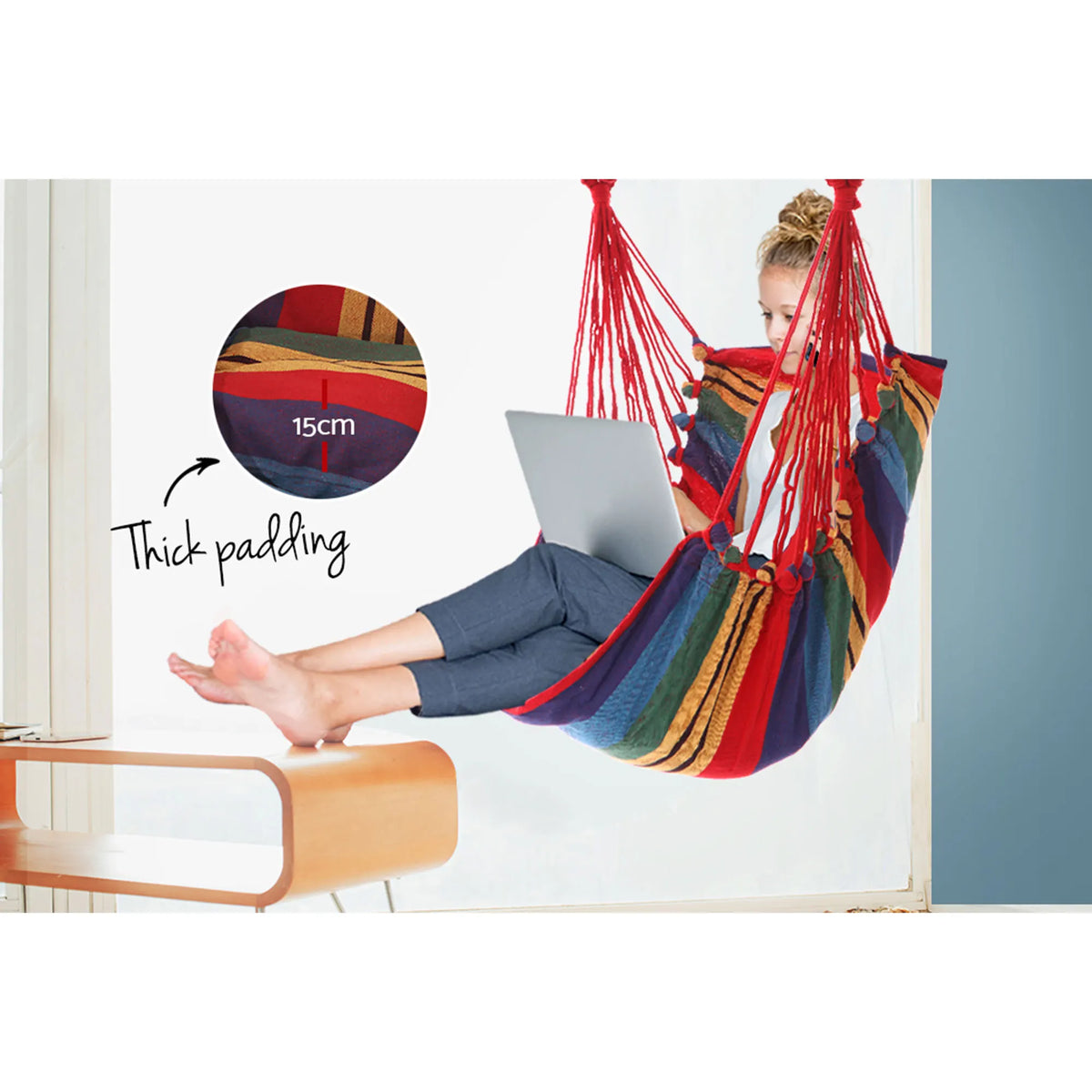 Gardeon Hammock Chair Outdoor Camping Hanging Hammocks Cushion Pillow Rainbow - Image 6