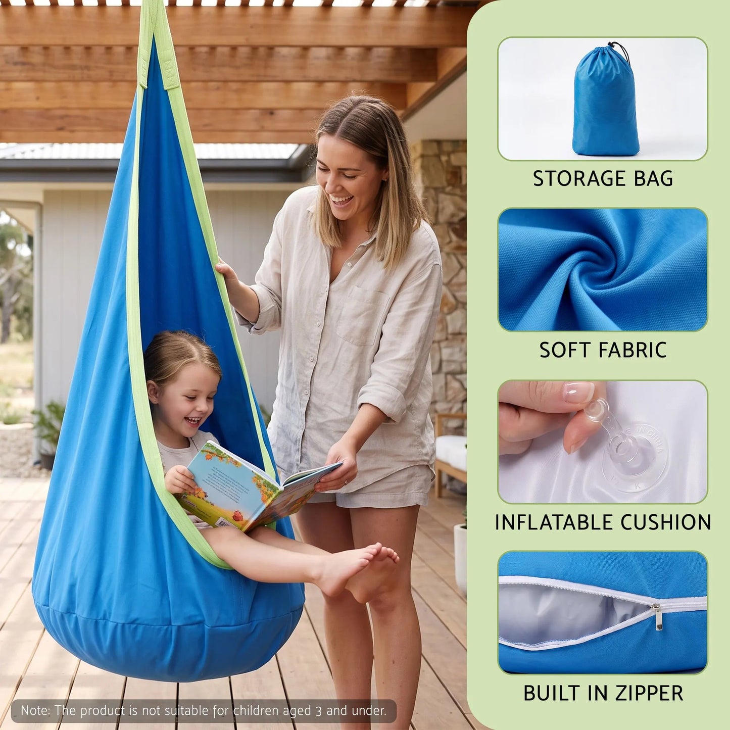 Gardeon Kids Hammock Chair Camping 70cmx150cm with Cushion Storage Bag Blue - Image 4
