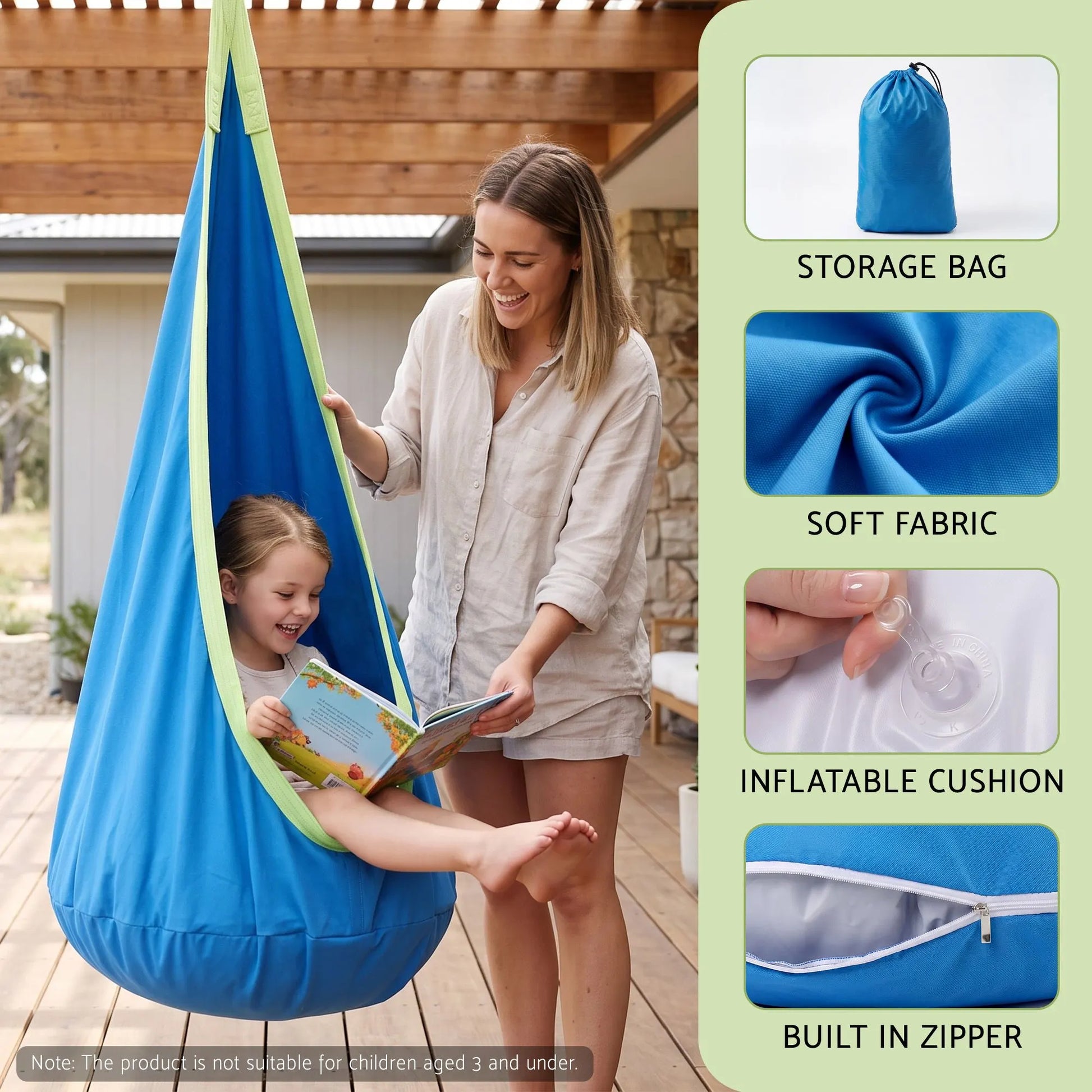 Gardeon Kids Hammock Chair Camping 70cmx150cm with Cushion Storage Bag Blue - Image 4