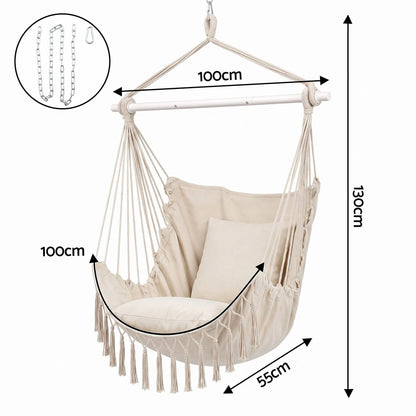 Gardeon Hammock Chair Camping Macrame Hanging Swing Cushions Metal Bar Cream - Image 2