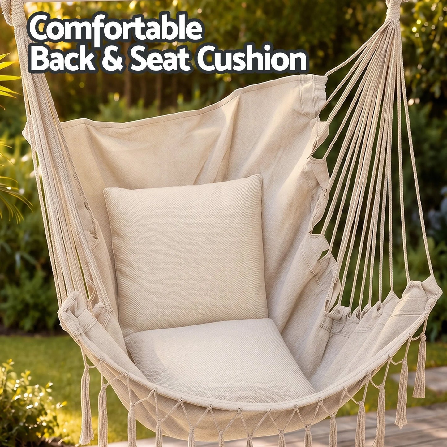 Gardeon Hammock Chair Camping Macrame Hanging Swing Cushions Metal Bar Cream - Image 6