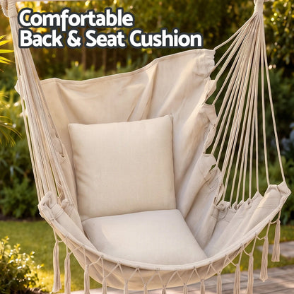Gardeon Hammock Chair Camping Macrame Hanging Swing Cushions Metal Bar Cream - Image 6
