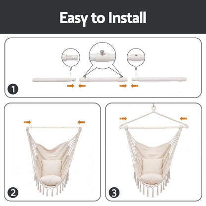 Gardeon Hammock Chair Camping Macrame Hanging Swing Cushions Metal Bar Cream - Image 7