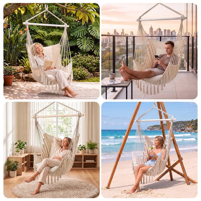 Gardeon Hammock Chair Camping Macrame Hanging Swing Cushions Metal Bar Cream - Image 8