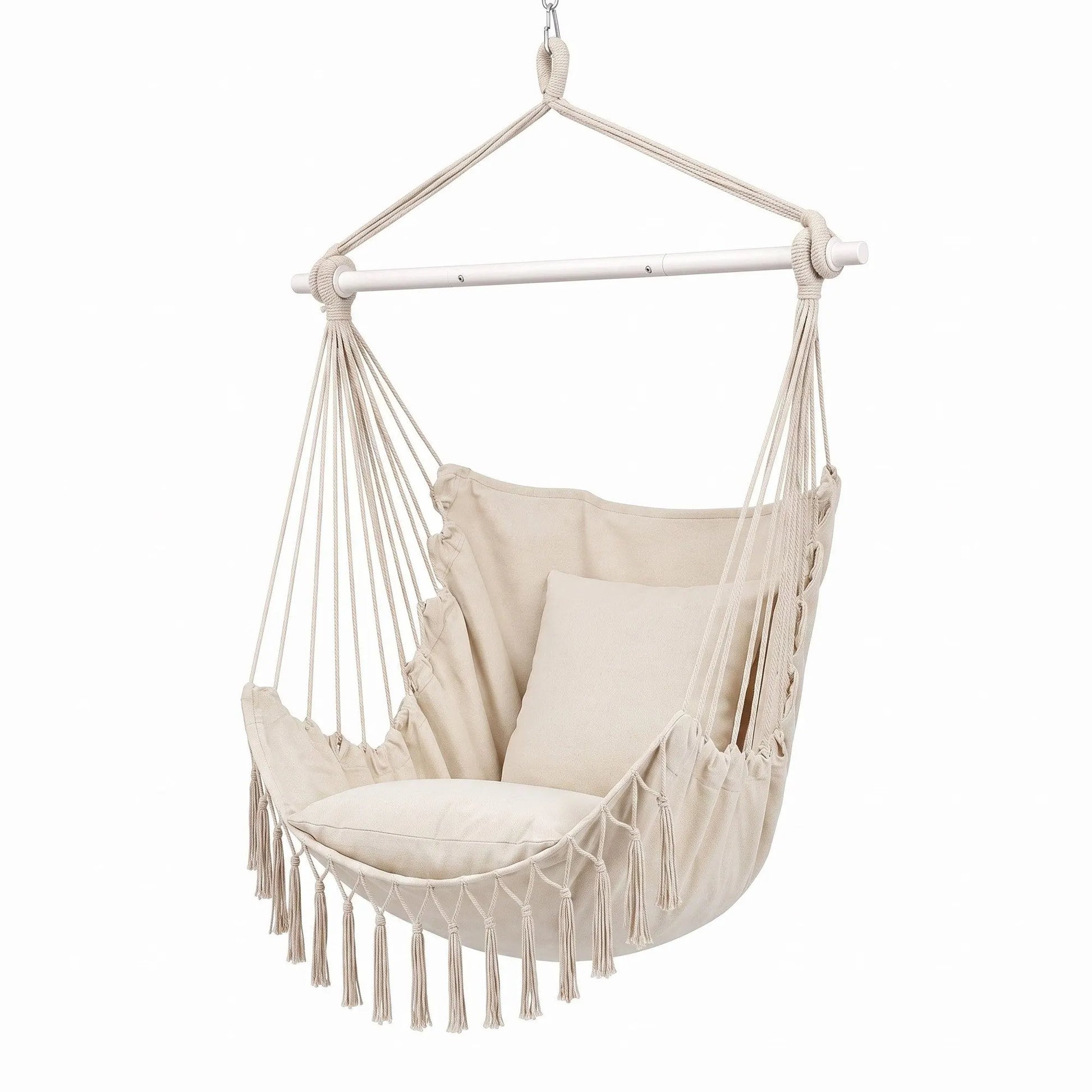 Gardeon Hammock Chair Camping Macrame Hanging Swing Cushions Metal Bar Cream - Image 9