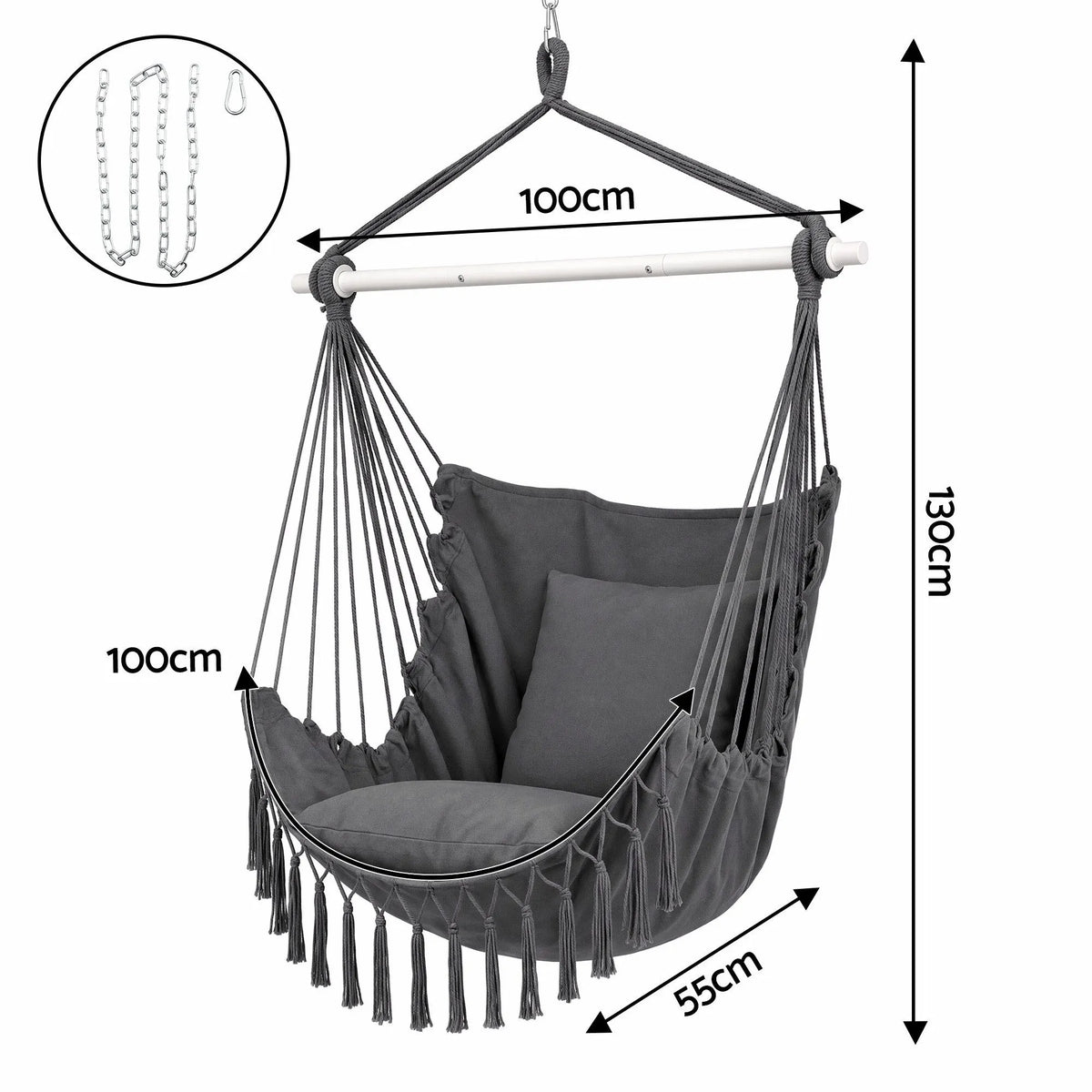 Gardeon Hammock Chair Camping Macrame Hanging Swing Cushions Metal Bar Grey - Image 2