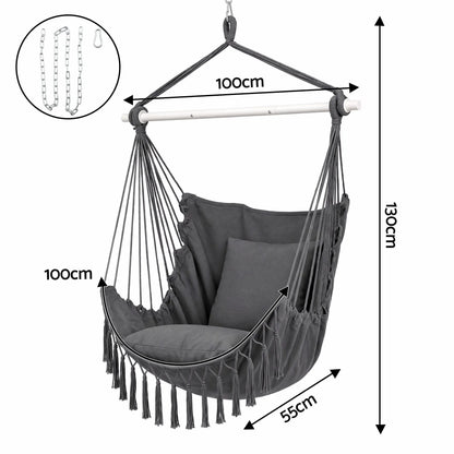 Gardeon Hammock Chair Camping Macrame Hanging Swing Cushions Metal Bar Grey - Image 2