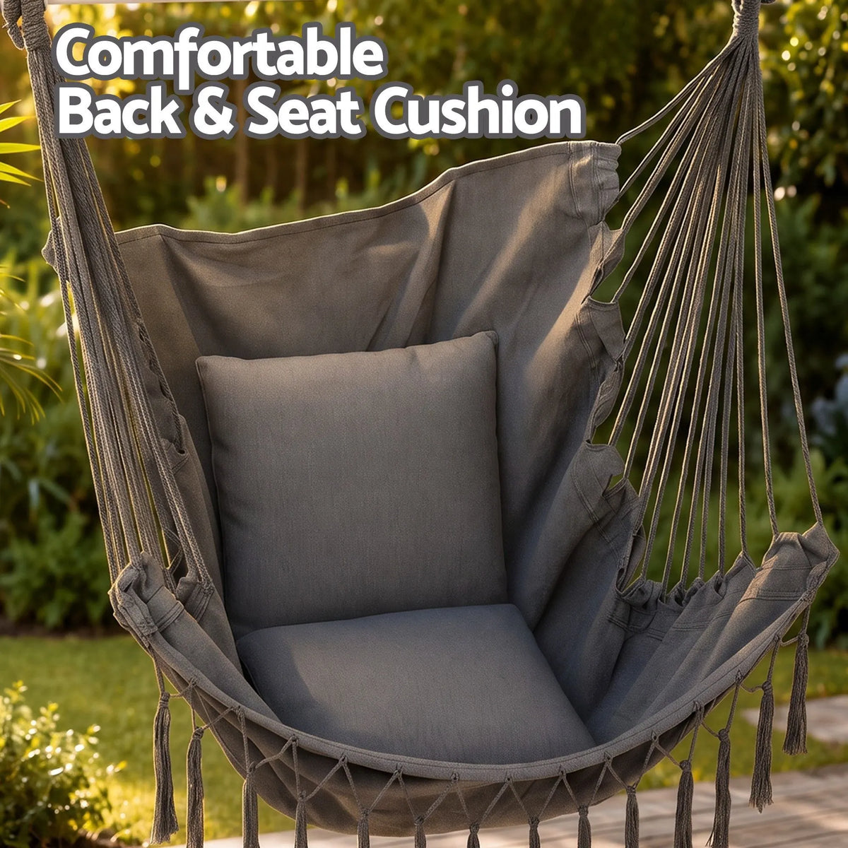 Gardeon Hammock Chair Camping Macrame Hanging Swing Cushions Metal Bar Grey - Image 6
